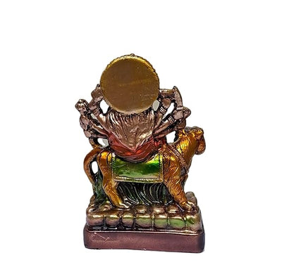 Handmade resin statue of Goddess Durga riding a lion, intricately designed, ideal for home or altar decor, symbolizing strength and divine power
