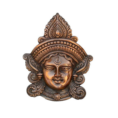 Handmade brown metal sculpture of Goddess Durga, showcasing intricate details, designed for wall hanging, ideal for home or temple decor.