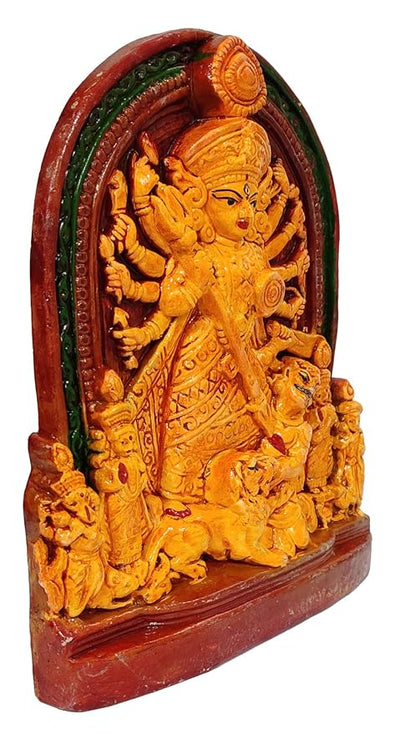 Terracotta idol of Goddess Durga, depicting the Mahishasuramardini battle, intricately crafted, perfect for home decor or puja