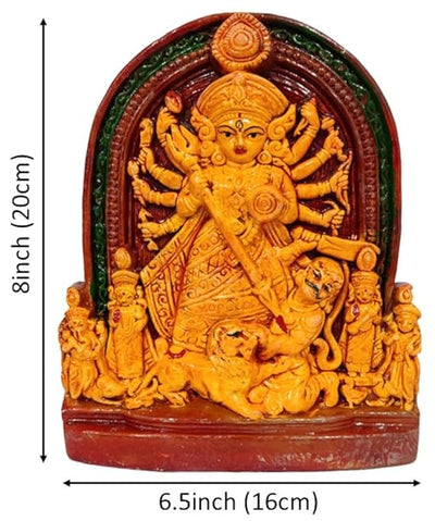 Terracotta idol of Goddess Durga, depicting the Mahishasuramardini battle, intricately crafted, perfect for home decor or puja
