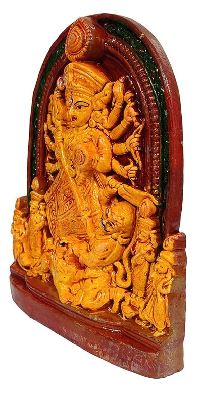 Terracotta idol of Goddess Durga, depicting the Mahishasuramardini battle, intricately crafted, perfect for home decor or puja