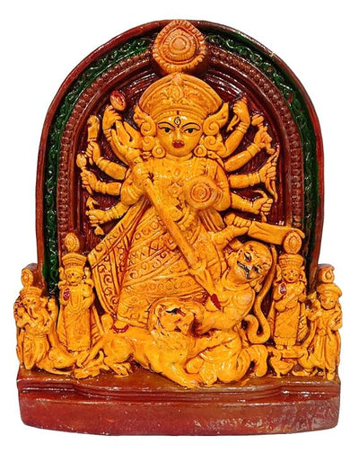Terracotta idol of Goddess Durga, depicting the Mahishasuramardini battle, intricately crafted, perfect for home decor or puja