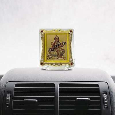 Handmade acrylic idol of Goddess Saraswati, symbolizing knowledge and creativity, suitable for car dashboard or home altar decoration.