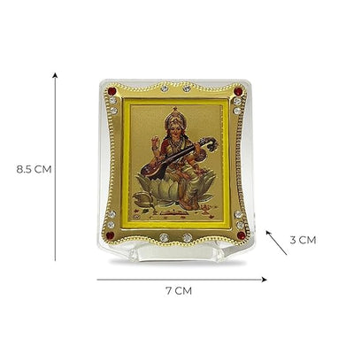 Handmade acrylic idol of Goddess Saraswati, symbolizing knowledge and creativity, suitable for car dashboard or home altar decoration