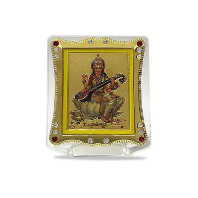 Handmade acrylic idol of Goddess Saraswati, symbolizing knowledge and creativity, suitable for car dashboard or home altar decoration