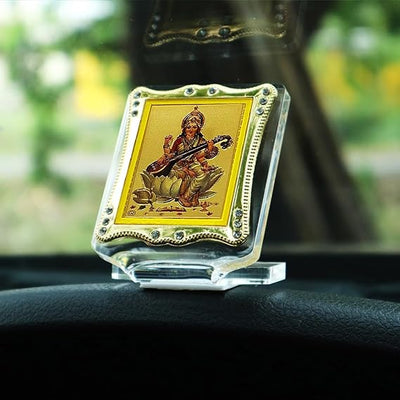 Handmade acrylic idol of Goddess Saraswati, symbolizing knowledge and creativity, suitable for car dashboard or home altar decoration.