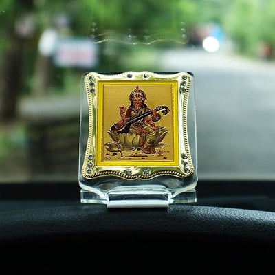 Handmade acrylic idol of Goddess Saraswati, symbolizing knowledge and creativity, suitable for car dashboard or home altar decoration.