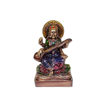 Handmade resin statue of Goddess Saraswati, symbolizing knowledge and wisdom, suitable for home decor, office, or altar decoration.