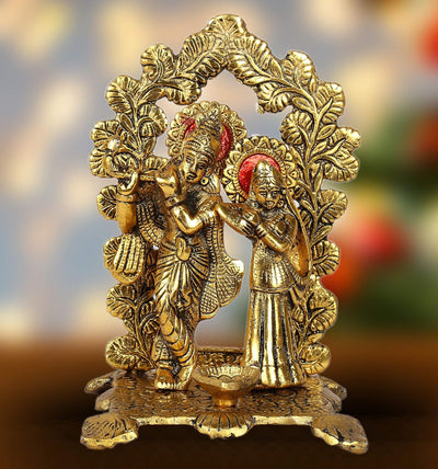 Gold oxidized metal Radha Krishna idol, intricately crafted with elegant details, ideal for home decor, altar, or as a thoughtful gift.