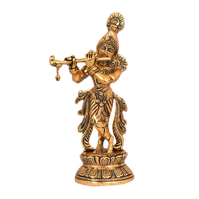 Handcrafted gold-plated Krishna statue playing the flute, featuring intricate details and vibrant colors, ideal for home decor or altar.