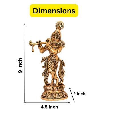 Handcrafted gold-plated Krishna statue playing the flute, featuring intricate details and vibrant colors, ideal for home decor or altar.
