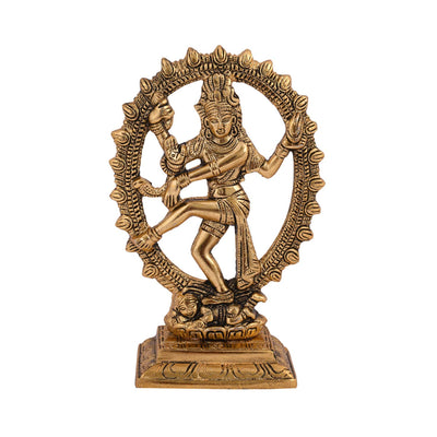 Gold-plated Nataraja statue, intricately crafted metal idol of Lord Shiva, showcasing divine energy and grace, ideal for home decor and altars.