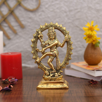 Gold-plated Nataraja statue, intricately crafted metal idol of Lord Shiva, showcasing divine energy and grace, ideal for home decor and altars.