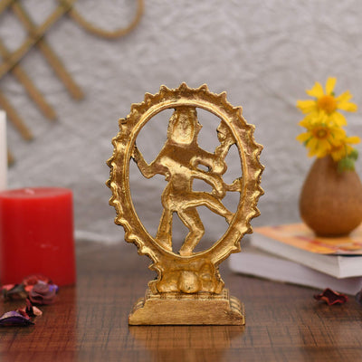 Gold-plated Nataraja statue, intricately crafted metal idol of Lord Shiva, showcasing divine energy and grace, ideal for home decor and altars.