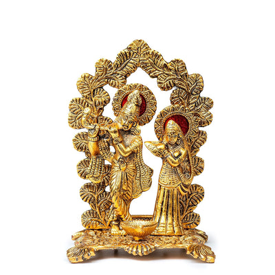 Gold-plated Radha Krishna statue playing the flute, intricately designed with an antique finish, ideal for home decor or as a thoughtful gift.