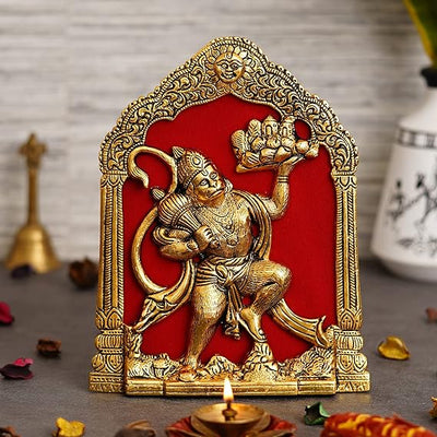 Handmade Lord Hanuman idol in gold tone, symbolizing strength and devotion, ideal for home, office, or altar.