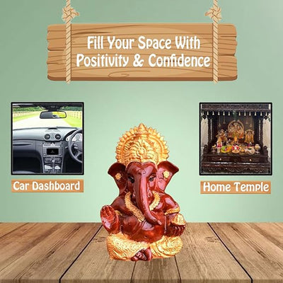 Handmade gold-plated Lord Ganesha idol, 5x5x5 cm, crafted from resin. Perfect for altars, home decor, car dashboards, or gifting."