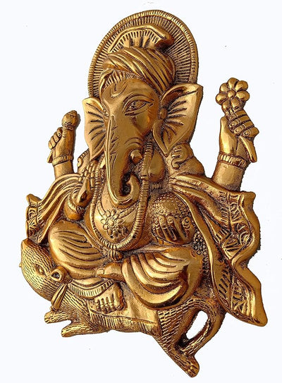 Handcrafted golden Ganesh idol wall hanging, made of metal, symbolizing prosperity and wisdom, 26 cm x 21 cm x 3 cm, perfect for home decor and altars.