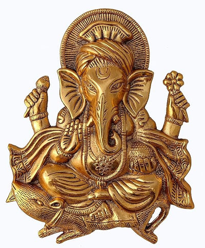 Handcrafted golden Ganesh idol wall hanging, made of metal, symbolizing prosperity and wisdom, 26 cm x 21 cm x 3 cm, perfect for home decor and altars.