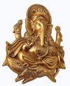Handcrafted golden Ganesh idol wall hanging, made of metal, symbolizing prosperity and wisdom, 26 cm x 21 cm x 3 cm, perfect for home decor and altars.