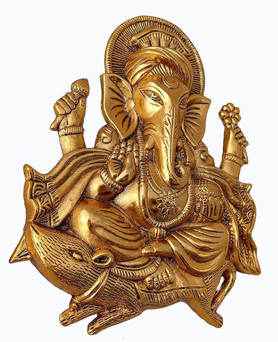 Handcrafted golden Ganesh idol wall hanging, made of metal, symbolizing prosperity and wisdom, 26 cm x 21 cm x 3 cm, perfect for home decor and altars.