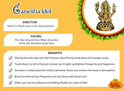 Handcrafted brass Ganesha idol, showcasing intricate details, ideal for home decor and spiritual practices, measuring 6L x 4.5W x 8.4H cm