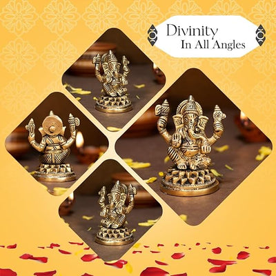 Handcrafted brass Ganesha idol, showcasing intricate details, ideal for home decor and spiritual practices, measuring 6L x 4.5W x 8.4H cm
