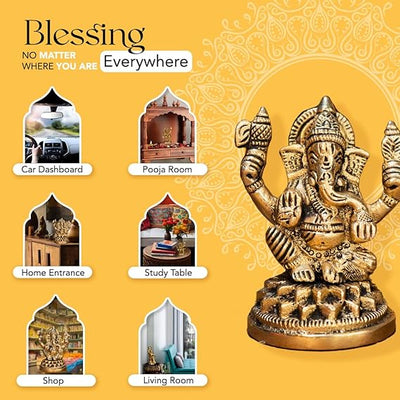 Handcrafted brass Ganesha idol, showcasing intricate details, ideal for home decor and spiritual practices, measuring 6L x 4.5W x 8.4H cm
