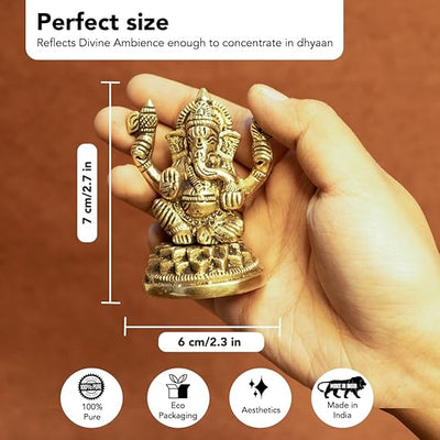 Handcrafted brass Ganesha idol, showcasing intricate details, ideal for home decor and spiritual practices, measuring 6L x 4.5W x 8.4H cm