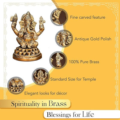 Handcrafted brass Ganesha idol, showcasing intricate details, ideal for home decor and spiritual practices, measuring 6L x 4.5W x 8.4H cm