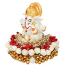 Handcrafted Ganesha idol in premium resin, weighing 240 grams, measuring 8x8x8 cm, accompanied by a plate, ideal for home altar or car décor, symbolizing wisdom and prosperity."