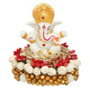 Handcrafted Ganesha idol in premium resin, weighing 240 grams, measuring 8x8x8 cm, accompanied by a plate, ideal for home altar or car décor, symbolizing wisdom and prosperity."