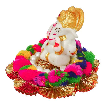 Handmade Ganesha idol crafted from premium resin, weighing 400 grams, measuring 10.2x10.2x8.6 cm, accompanied by a plate, perfect for home altar or car décor, symbolizing wisdom and prosperity."