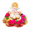 Handmade Ganesha idol crafted from premium resin, weighing 400 grams, measuring 10.2x10.2x8.6 cm, accompanied by a plate, perfect for home altar or car décor, symbolizing wisdom and prosperity."
