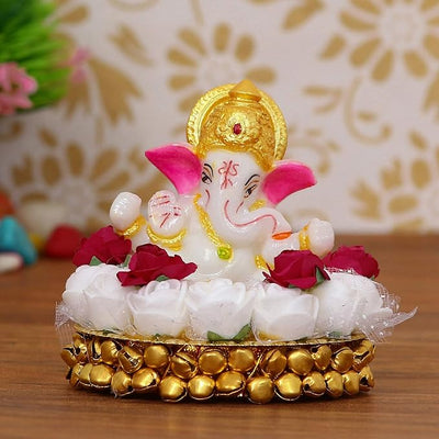 Handcrafted Ganesha idol made of durable polyresin, measuring 8 cm x 8 cm x 8 cm and weighing 250 grams, symbolizing wisdom and prosperity