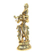 Handcrafted metal Krishna statue playing the flute, featuring intricate details and a gold finish, ideal for home decor or altar.