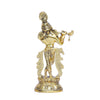 Handcrafted metal Krishna statue playing the flute, featuring intricate details and a gold finish, ideal for home decor or altar.