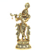 Handcrafted metal Krishna statue playing the flute, featuring intricate details and a gold finish, ideal for home decor or altar.