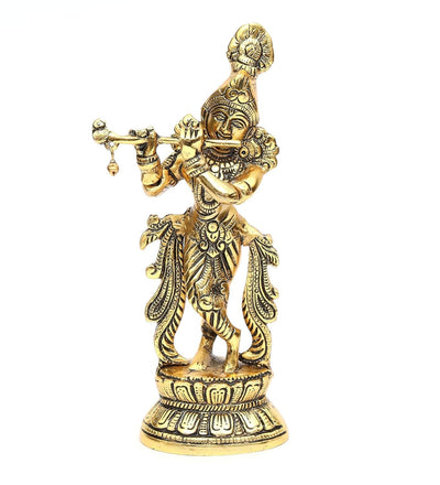 Handcrafted metal Krishna statue playing the flute, featuring intricate details and a gold finish, ideal for home decor or altar.