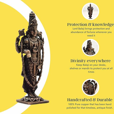 Handcrafted Lord Balaji Copper Idol, 2.2 cm x 2.2 cm x 8.3 cm, showcasing intricate details, perfect for altars and spiritual decor