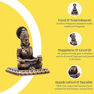 Handcrafted copper Annapurna Devi idol, measuring 3.2 x 2.5 x 4 cm and weighing 140 grams. Ideal for home altar and spiritual decor.