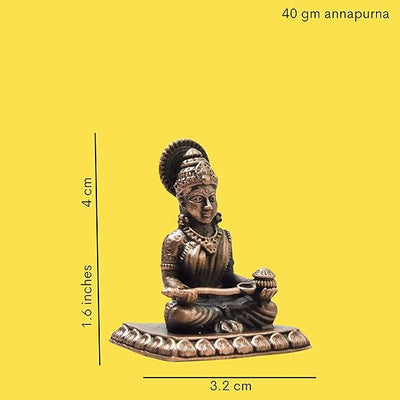 Handcrafted copper Annapurna Devi idol, measuring 3.2 x 2.5 x 4 cm and weighing 140 grams. Ideal for home altar and spiritual decor.