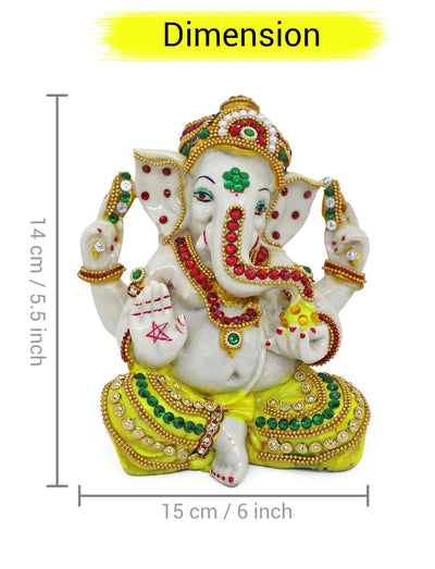 Handmade Ganesha idol, 14 cm tall, crafted from plastic, featuring vibrant colors and intricate details, perfect for home altar decor.