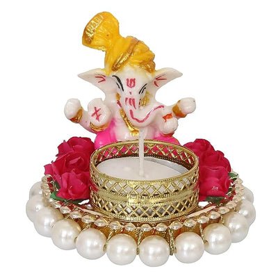 Handmade Ganesha idol made from durable resin, weighing 300 grams, measuring 8.5x7x8.5 cm, ideal for home altar or car décor, symbolizing wisdom and prosperity."