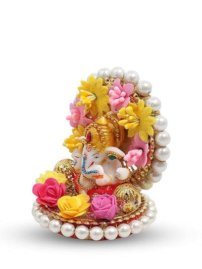 Handmade Ganesha idol crafted from durable resin, weighing 400 grams, measuring 8.5x8.5x11 cm, ideal for home altar or car décor, symbolizing wisdom and prosperity.