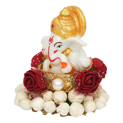 Handmade Ganesha idol crafted from durable resin, weighing 400 grams, measuring 8x8x8 cm, ideal for home altar or car décor, symbolizing wisdom and prosperity.