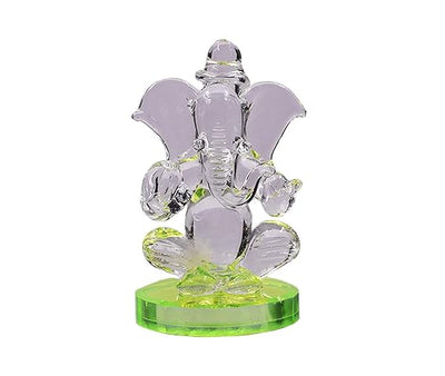 Handmade glass Ganesha idol, beautifully crafted as a showpiece, ideal for altars or car dashboards, showcasing intricate details and divine elegance.
