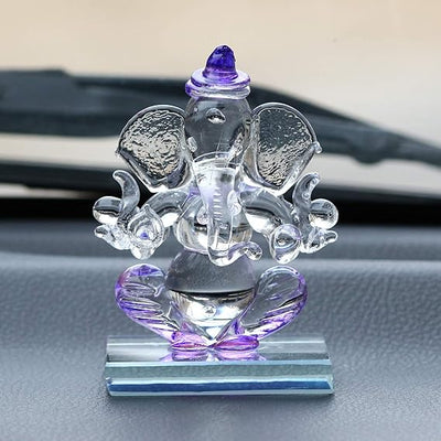 Handmade 200g glass Ganesha idol for car dashboard or home altar, symbolizing wisdom, prosperity, and peace in Hinduism.