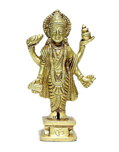 Handmade Lord Dhanvantri idol crafted from brass, featuring intricate details, perfect for home altar or mandir, symbolizing health and protection