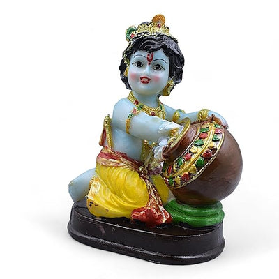 Handmade Lord Krishna Makhan Chor idol, crafted from resin with intricate detailing and vibrant colors, symbolizing joy and innocence